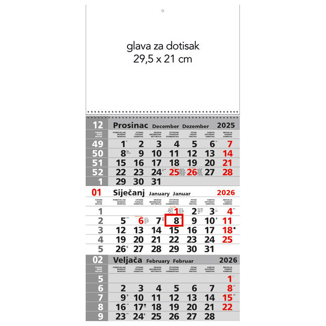 Kalendar zidni trodijelni 2026. sa spiralom sivi