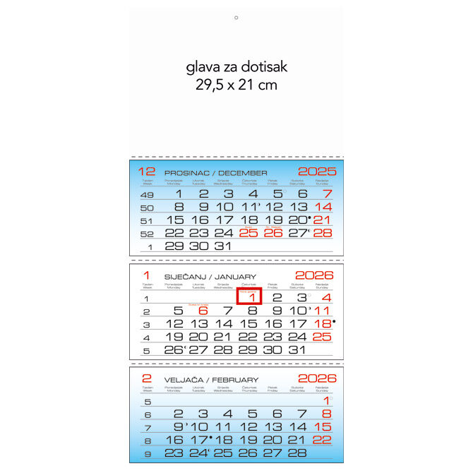 Kalendar zidni trodijelni 2026.-3 bloka, preklopni