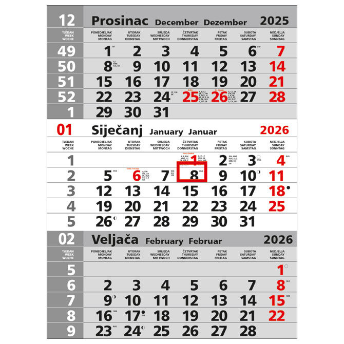 Kalendar zidni trodijelni sivi nespiralirani