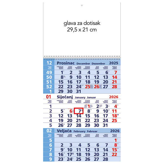 Kalendar zidni trodijelni 2026. sa spiralom plavi