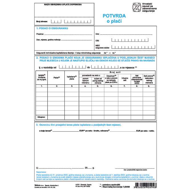 Obrazac ER-1/E potvrda o plaći pk10 Fokus!!